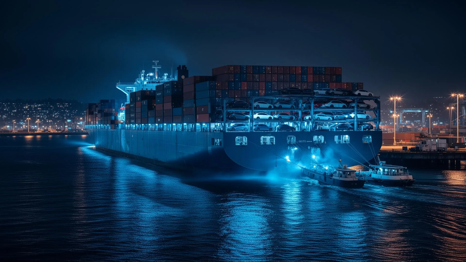 Cargo ship at a container port loading vehicles for Canada to Nigeria shipping