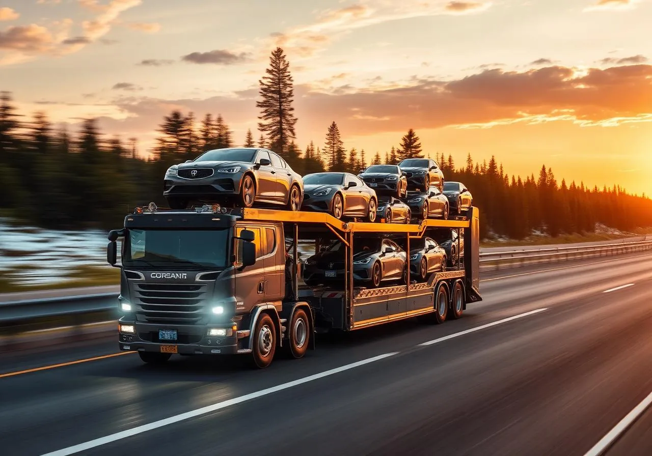 Vehicle transporter carrying cars across Canada